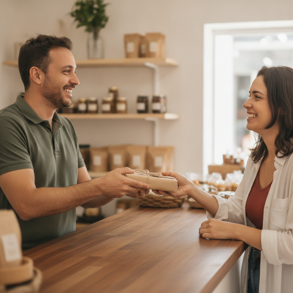 Dono de loja local em Ariquemes atendendo uma cliente