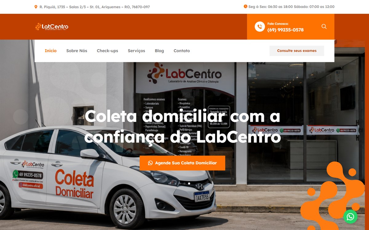 Site do LabCentro, laboratório de análises clínicas com coleta domiciliar em Ariquemes, criado pela DABLIU Marketing