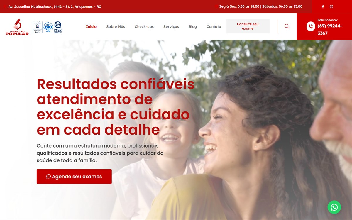 Criação de sites em Ariquemes: site do Laboratório Popular feito pela DABLIU Marketing