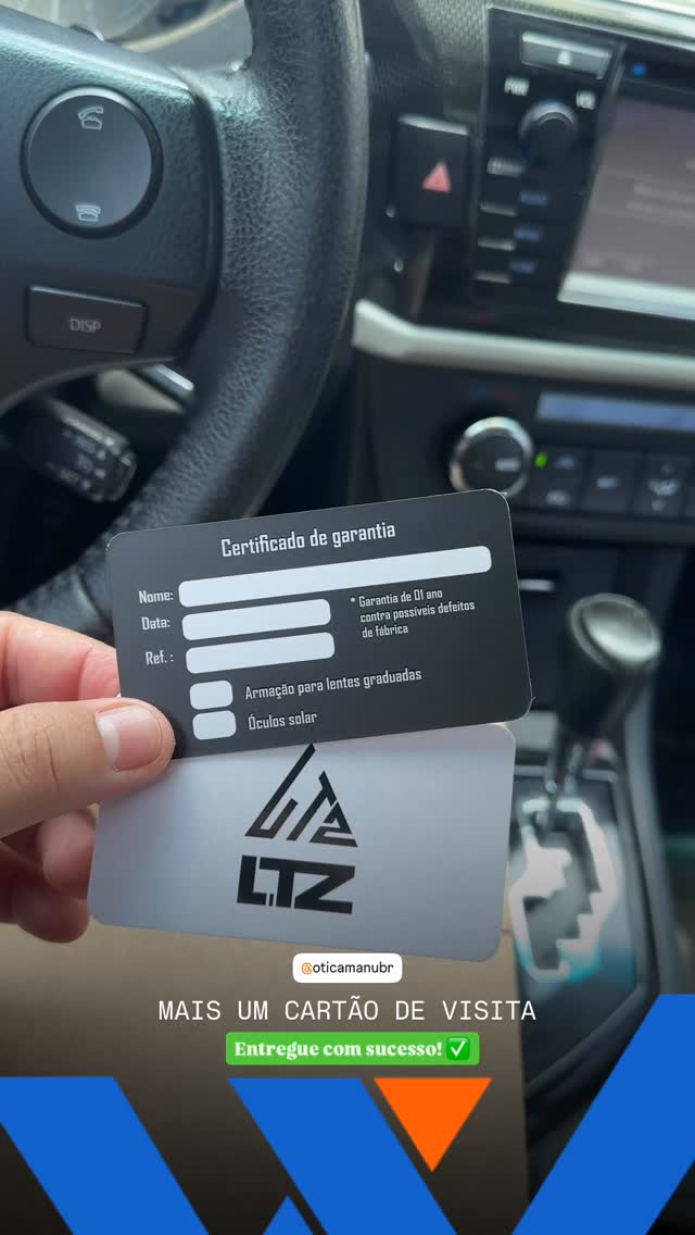 Cartão LTZ com certificado de garantia no verso, material gráfico para ótica em Ariquemes