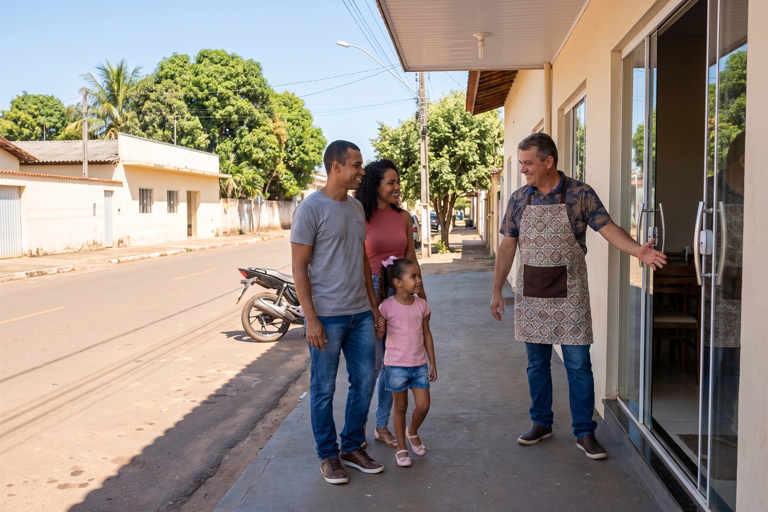 Família chegando a um comércio local depois de encontrar a loja no Google, efeito de um Google Meu Negócio bem cuidado em Ariquemes